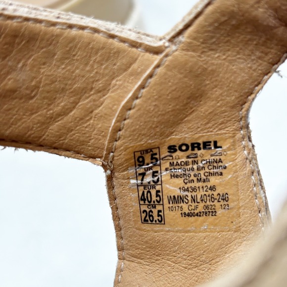Sorel Tan Leather Espadrille Platform Wedge Sandals Size 9.5 Adjustable Strap - Picture 8 of 9